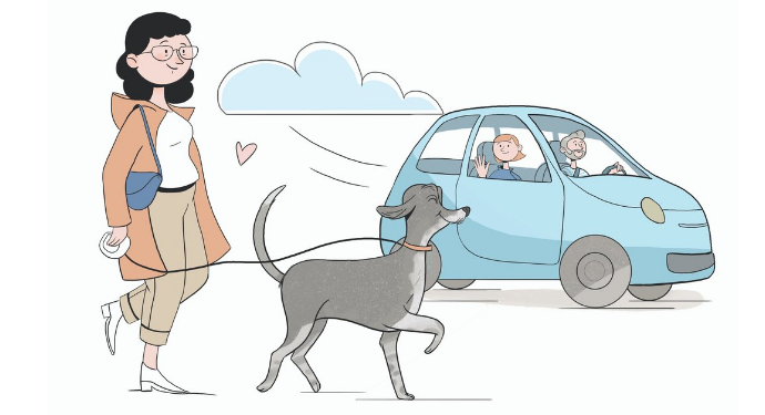 illustration bd d'une femme promenant un chiot au premier plan. Homme et femme dansune auto au second plan