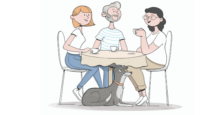 illustration bd d'un homme et de deux femmes prenant un café autour d'une table. chiot assis sous la table