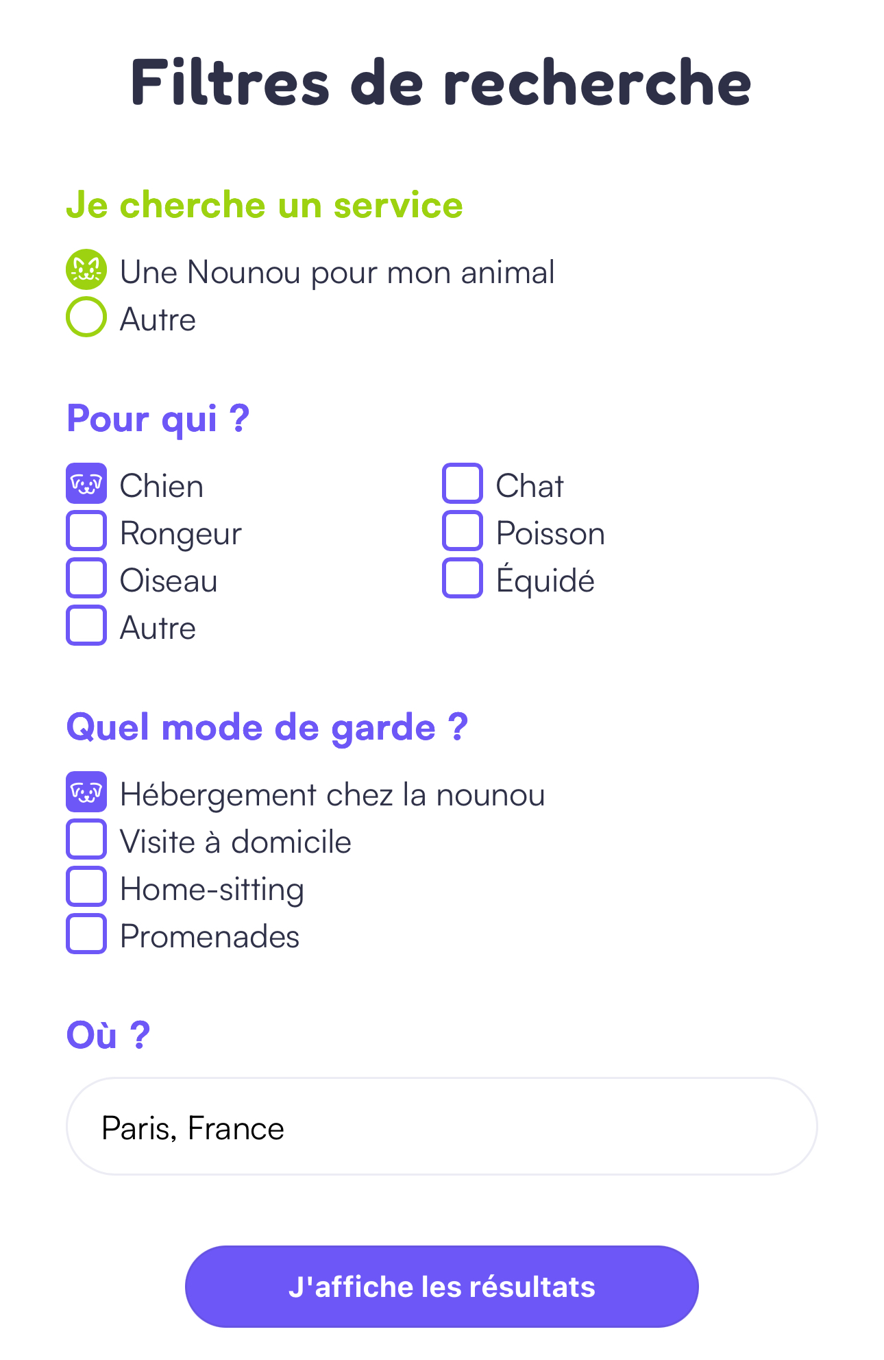 encart de recherche de nounou complété