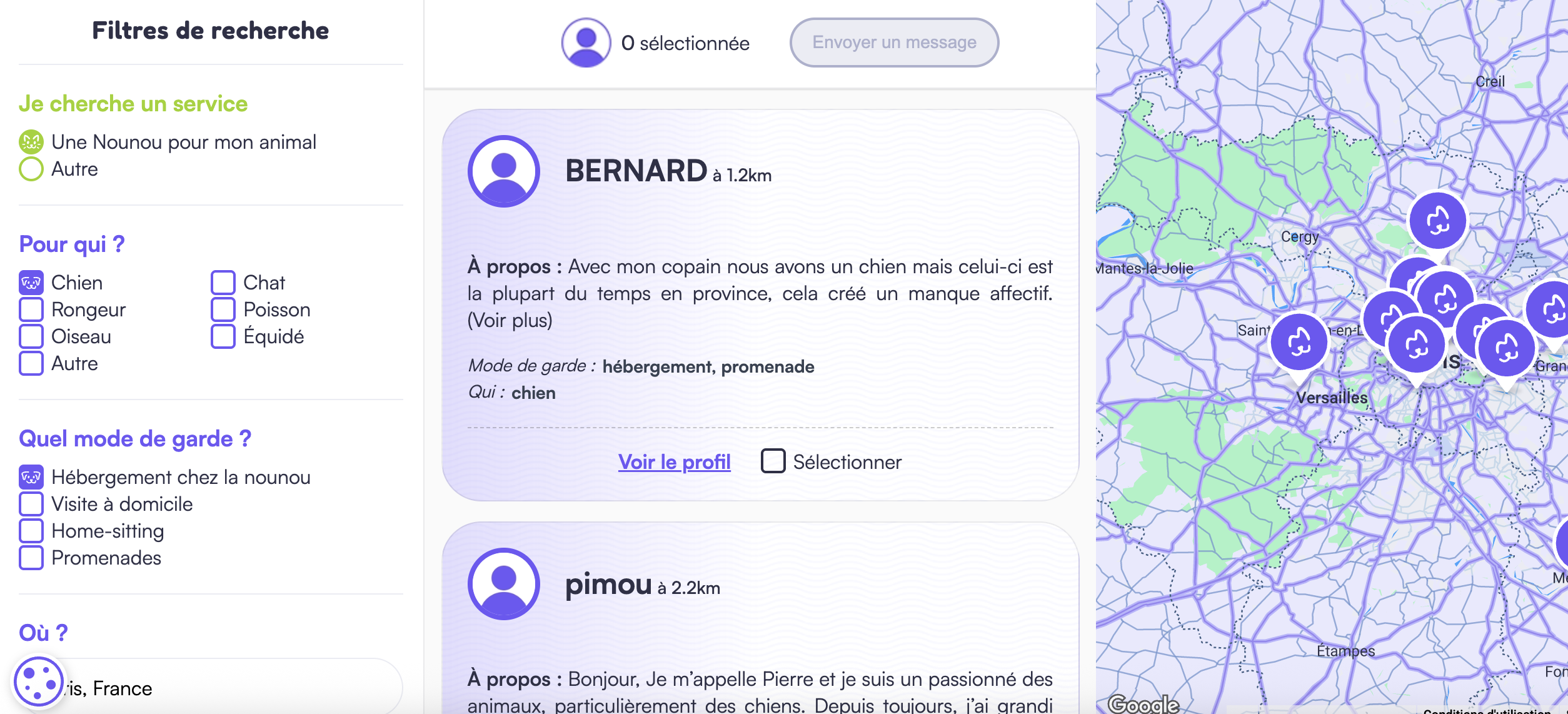 page de recherche de nounou sur ordinateur