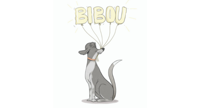 illustration bd d'un chiot tenant des ballons dont les lettres forment le mot bibou