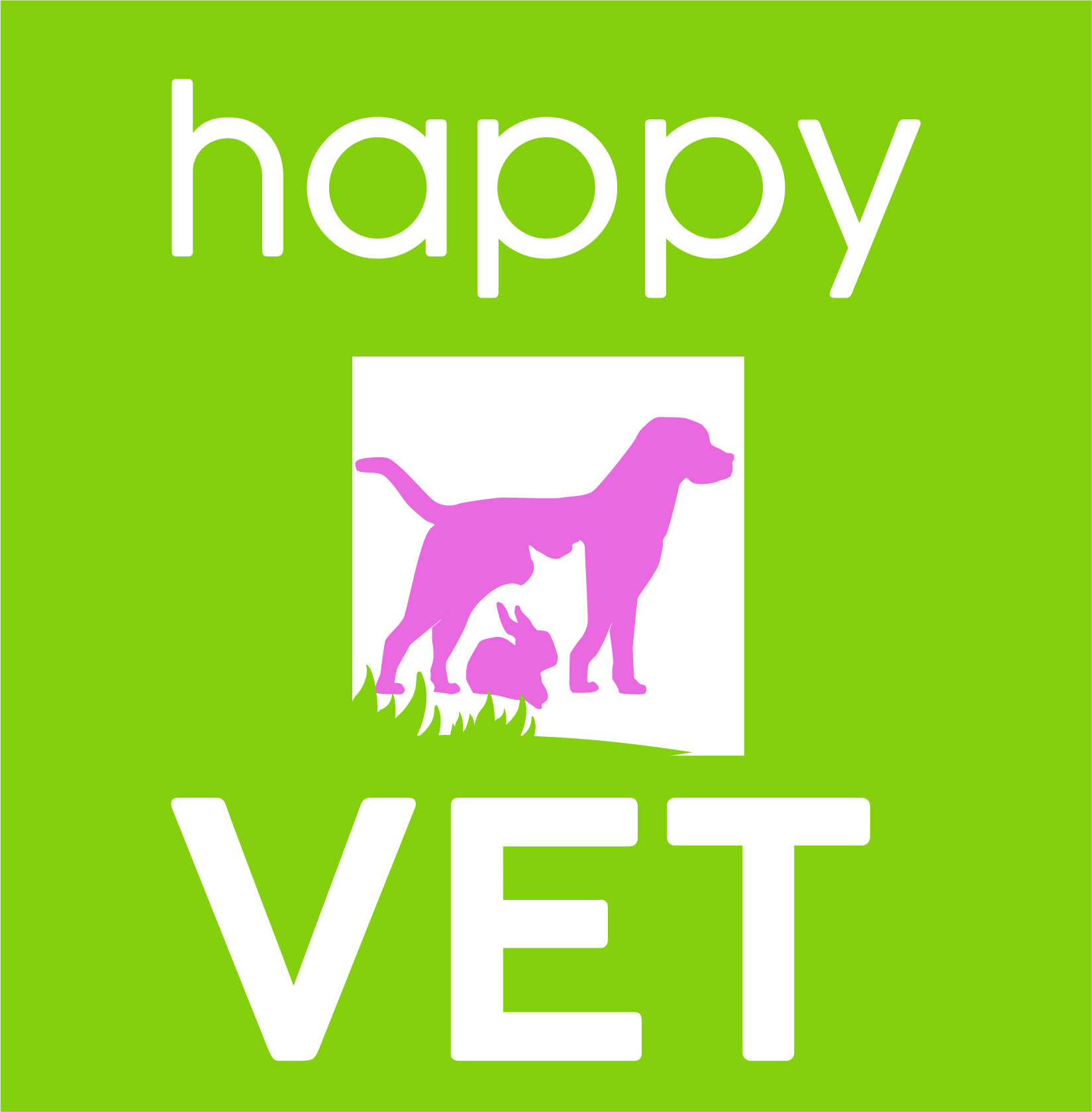 affiche de happy vet avec un logo de chien et de chat en rose sur fond vert