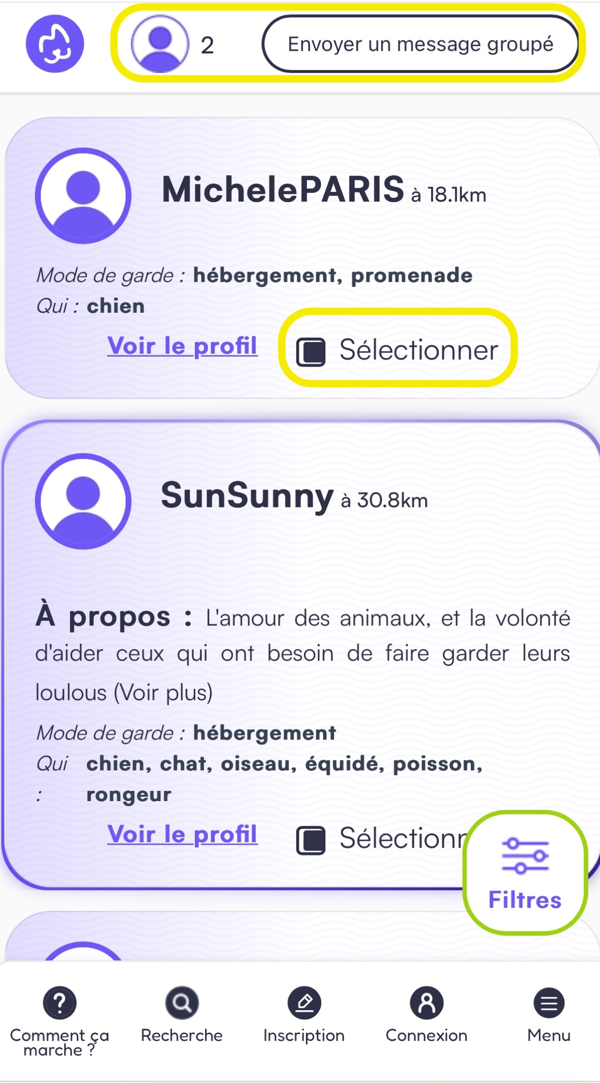 page de recherche, coche de sélection et compteur de sélection